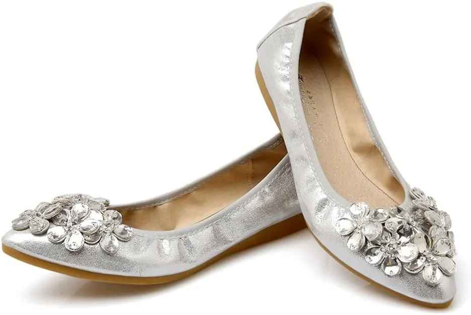 Meeshine Womens Foldable Soft Pointed Toe Ballet Flats Rhinestone Comfort Slip on Flat Shoes