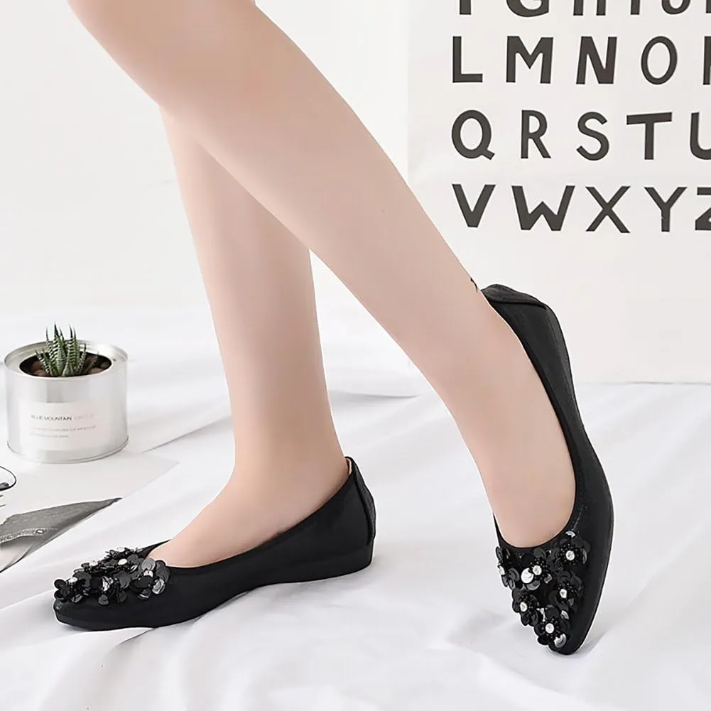 Meeshine Womens Foldable Soft Pointed Toe Ballet Flats Rhinestone Comfort Slip on Flat Shoes