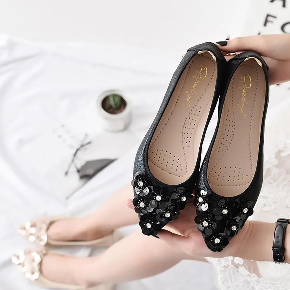 Meeshine Womens Foldable Soft Pointed Toe Ballet Flats Rhinestone Comfort Slip on Flat Shoes