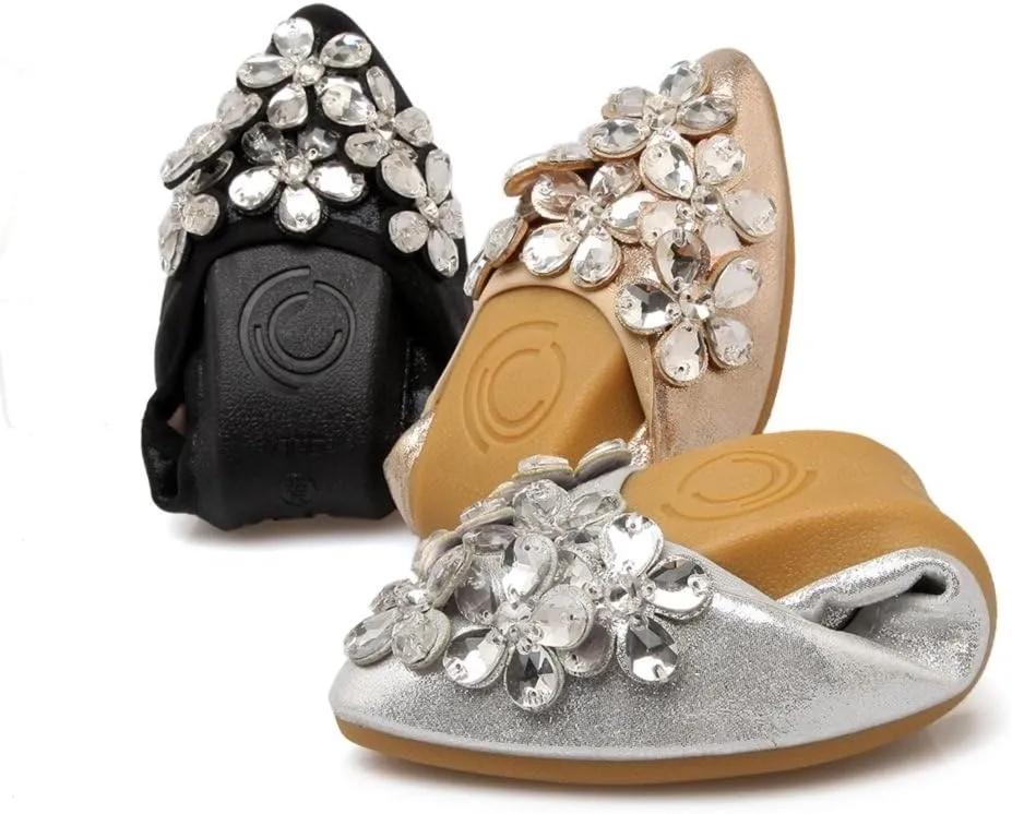 Meeshine Womens Foldable Soft Pointed Toe Ballet Flats Rhinestone Comfort Slip on Flat Shoes