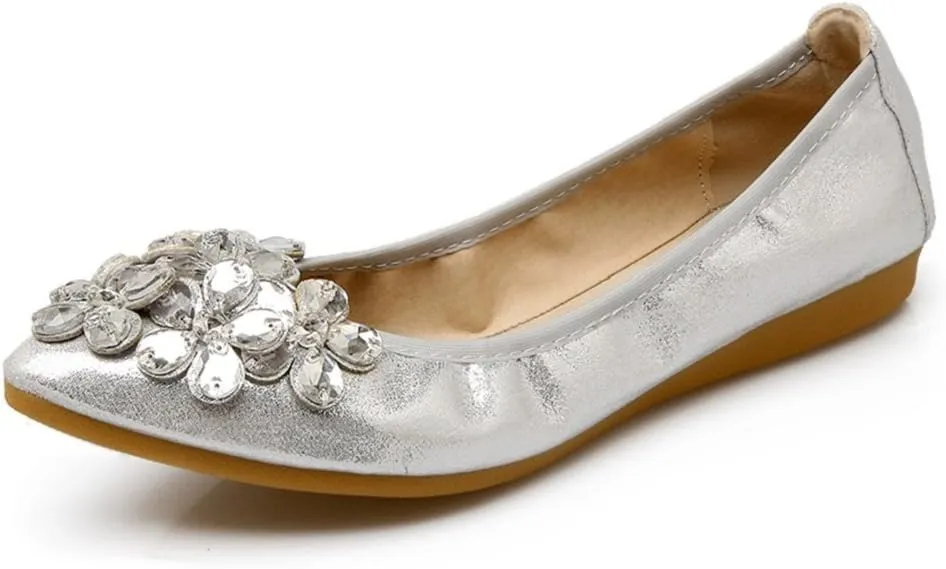 Meeshine Womens Foldable Soft Pointed Toe Ballet Flats Rhinestone Comfort Slip on Flat Shoes