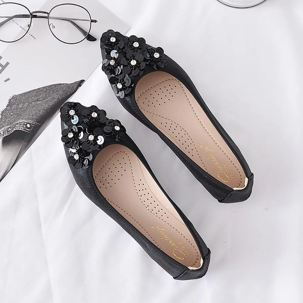 Meeshine Womens Foldable Soft Pointed Toe Ballet Flats Rhinestone Comfort Slip on Flat Shoes