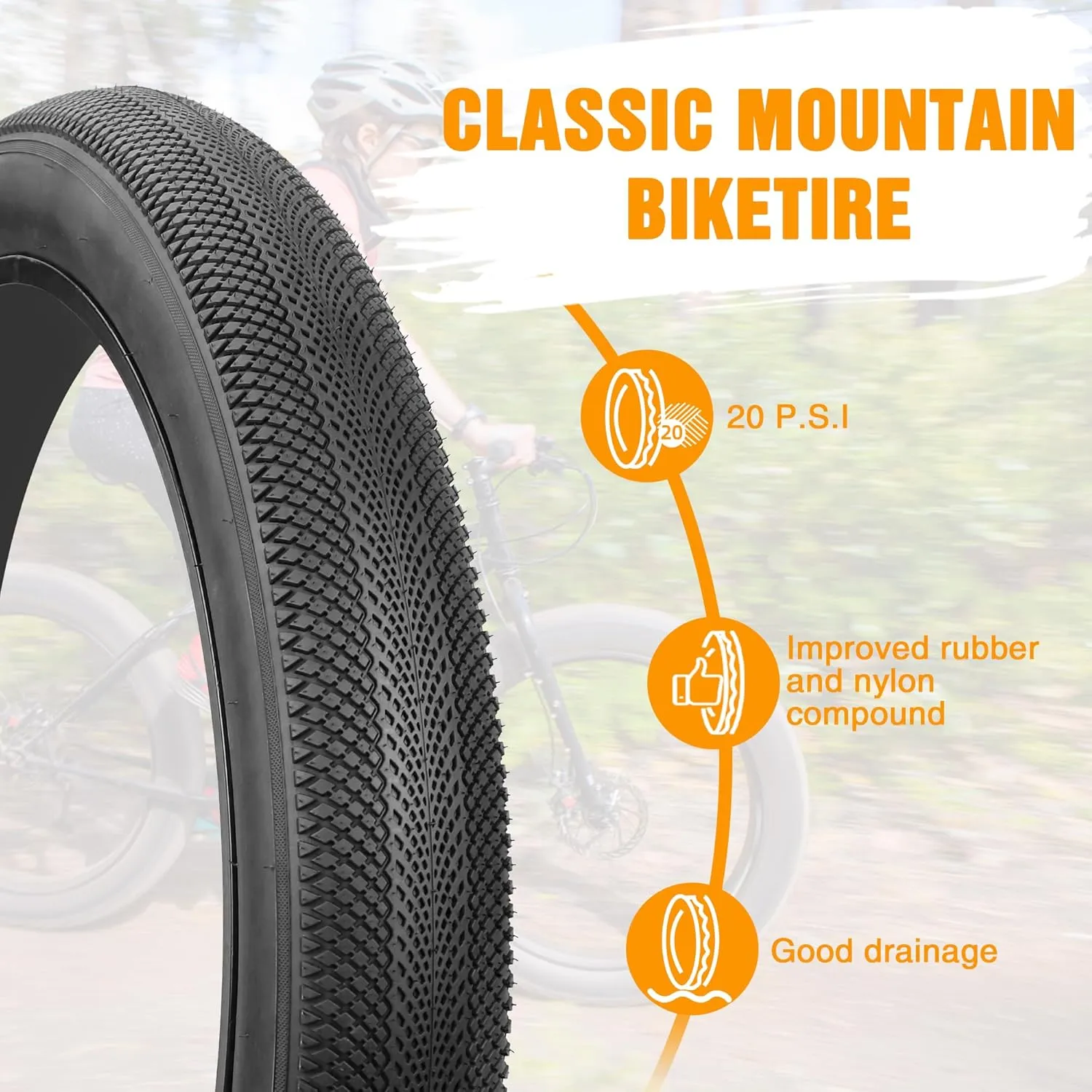 MEGHNA Bike Tire 20/24/26 x 4.0 Mountain Bike Tire Fat Tire with Tubes Diamond Pattern Foldable Tire Replacement for Snow Bike Beach Cruiser MTB Electric Bike