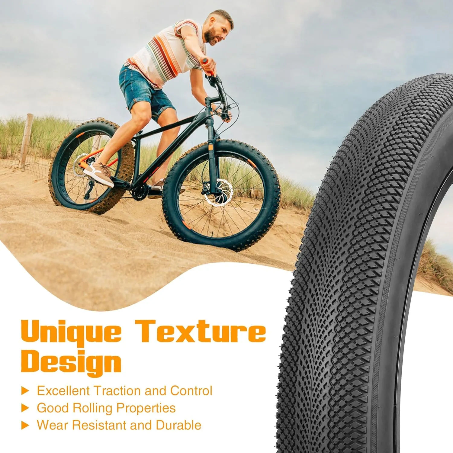 MEGHNA Bike Tire 20/24/26 x 4.0 Mountain Bike Tire Fat Tire with Tubes Diamond Pattern Foldable Tire Replacement for Snow Bike Beach Cruiser MTB Electric Bike
