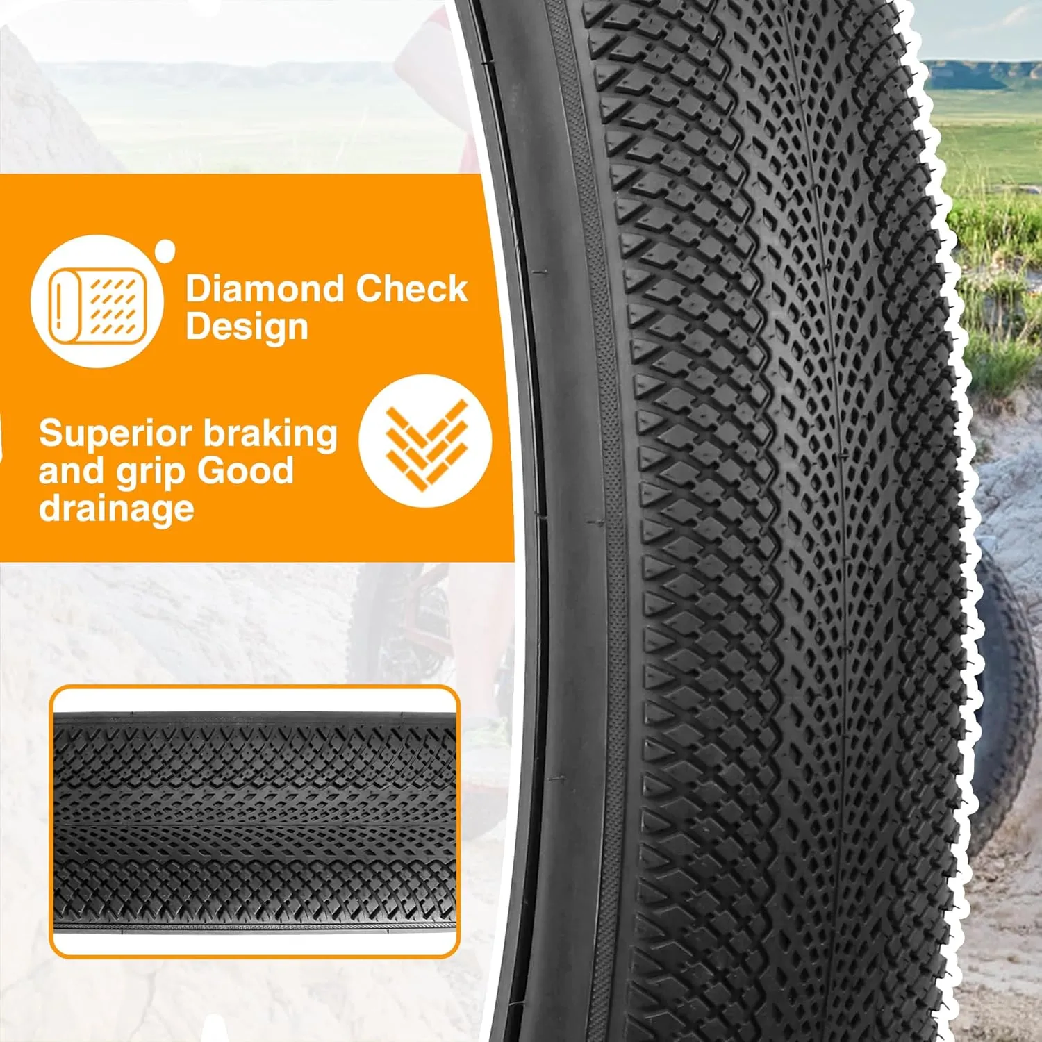 MEGHNA Bike Tire 20/24/26 x 4.0 Mountain Bike Tire Fat Tire with Tubes Diamond Pattern Foldable Tire Replacement for Snow Bike Beach Cruiser MTB Electric Bike