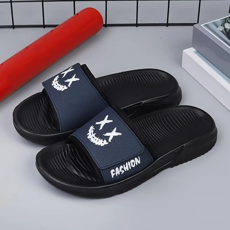 Men's Cartoon Smile Print Slip-On Slides - Soft, Non-Slip Indoor/Outdoor Slippers