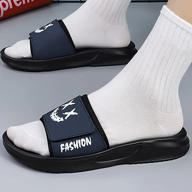 Men's Cartoon Smile Print Slip-On Slides - Soft, Non-Slip Indoor/Outdoor Slippers