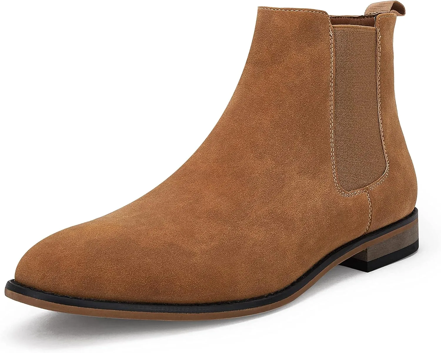 Mens Chelsea Boot Slip On Pointed Toe Stacked Low Heel Faux Suede Casual Dress Boot