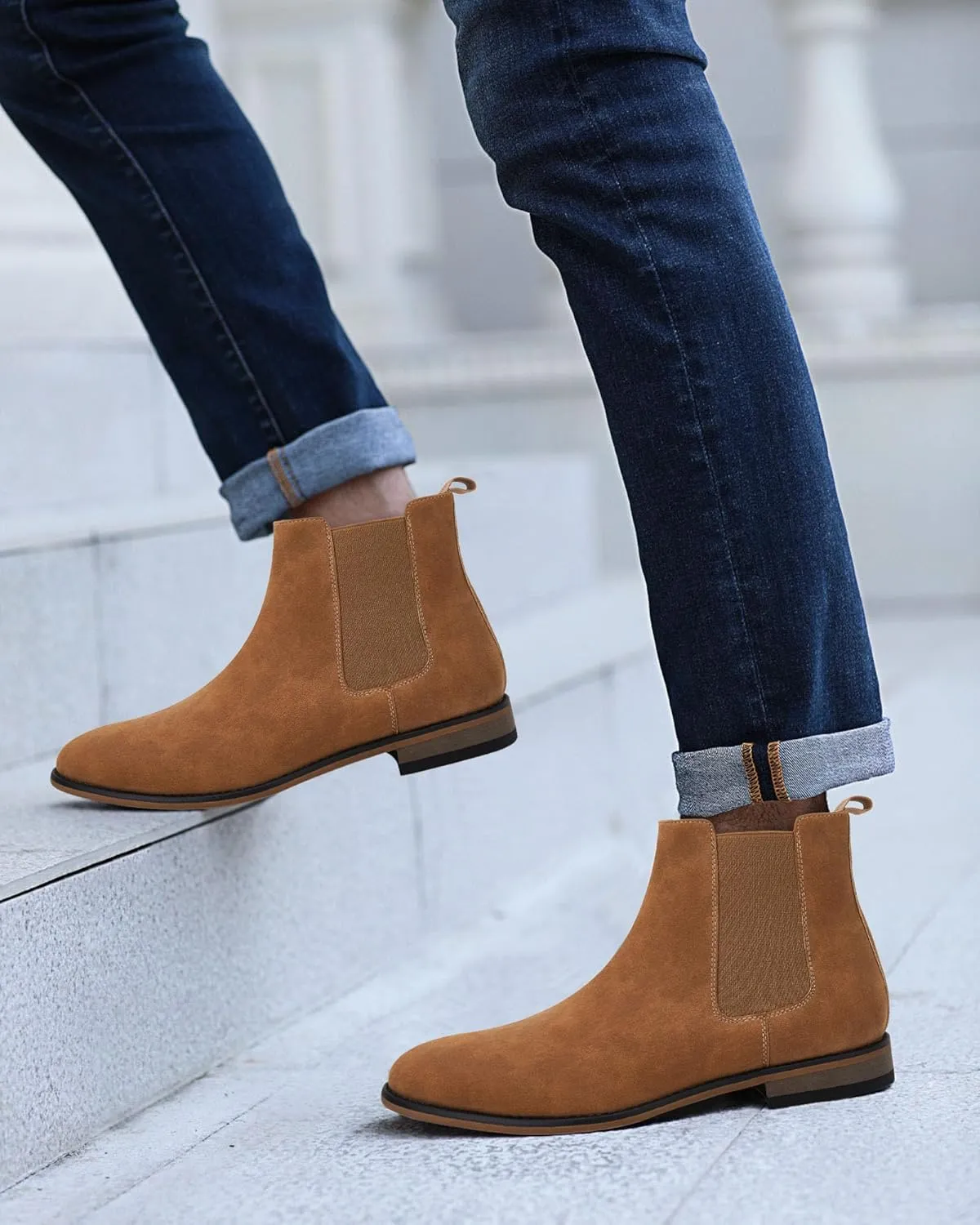 Mens Chelsea Boot Slip On Pointed Toe Stacked Low Heel Faux Suede Casual Dress Boot
