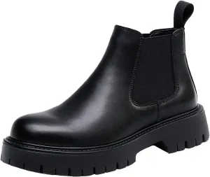 Men's Genuine Leather Slip On Chunky Platform Chelsea Boots Luxury Round Toe Lug Sole Work Dress Boots Casual Non Slip Ankle Boots