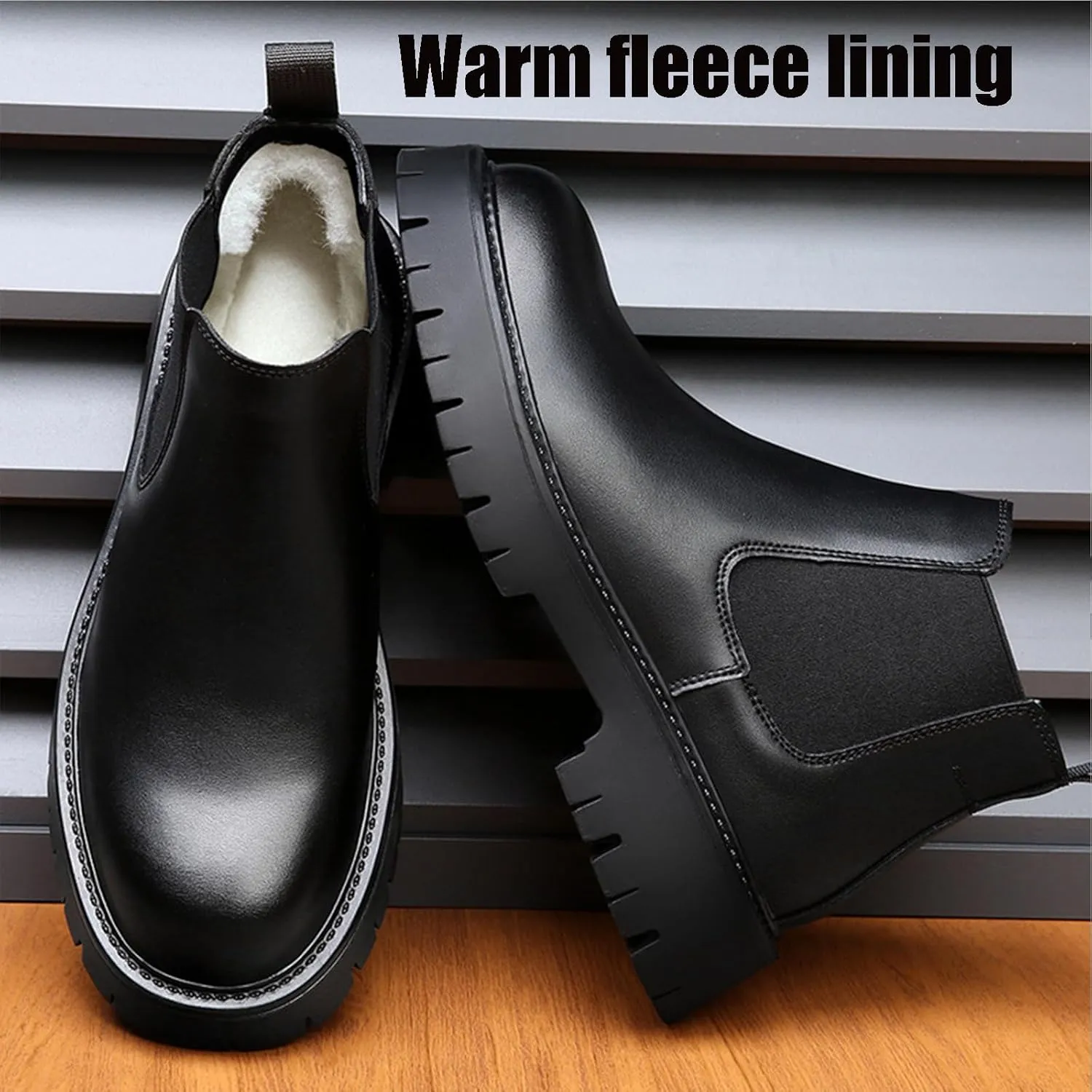 Men's Genuine Leather Slip On Chunky Platform Chelsea Boots Luxury Round Toe Lug Sole Work Dress Boots Casual Non Slip Ankle Boots