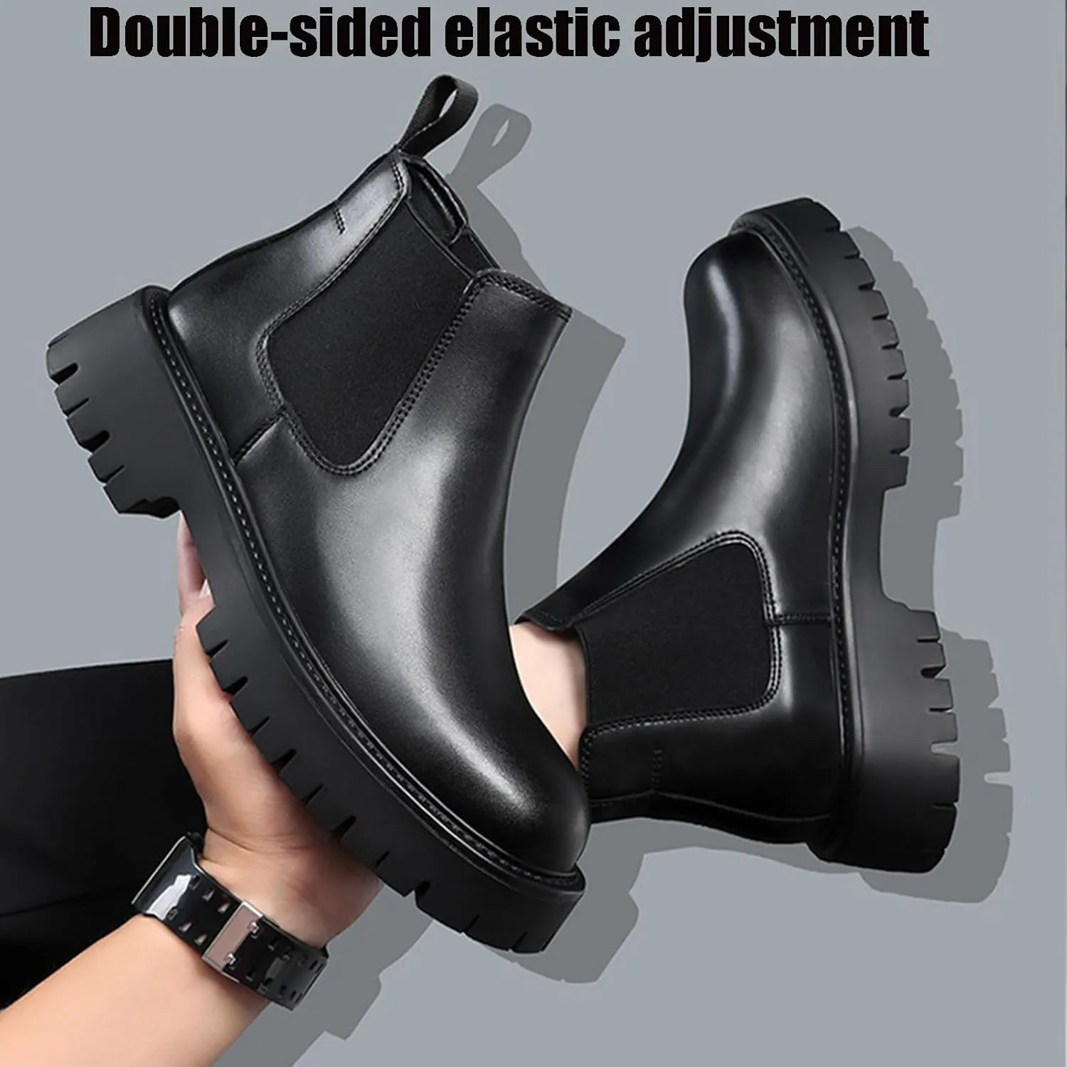 Men's Genuine Leather Slip On Chunky Platform Chelsea Boots Luxury Round Toe Lug Sole Work Dress Boots Casual Non Slip Ankle Boots