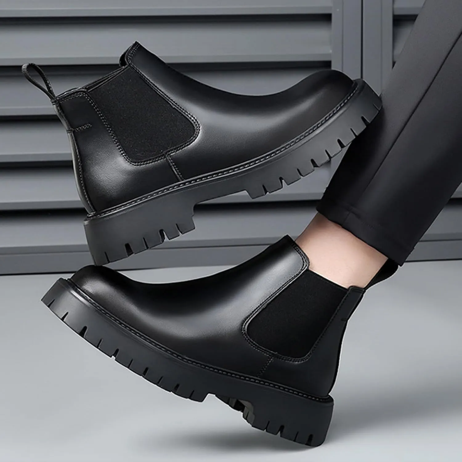 Men's Genuine Leather Slip On Chunky Platform Chelsea Boots Luxury Round Toe Lug Sole Work Dress Boots Casual Non Slip Ankle Boots