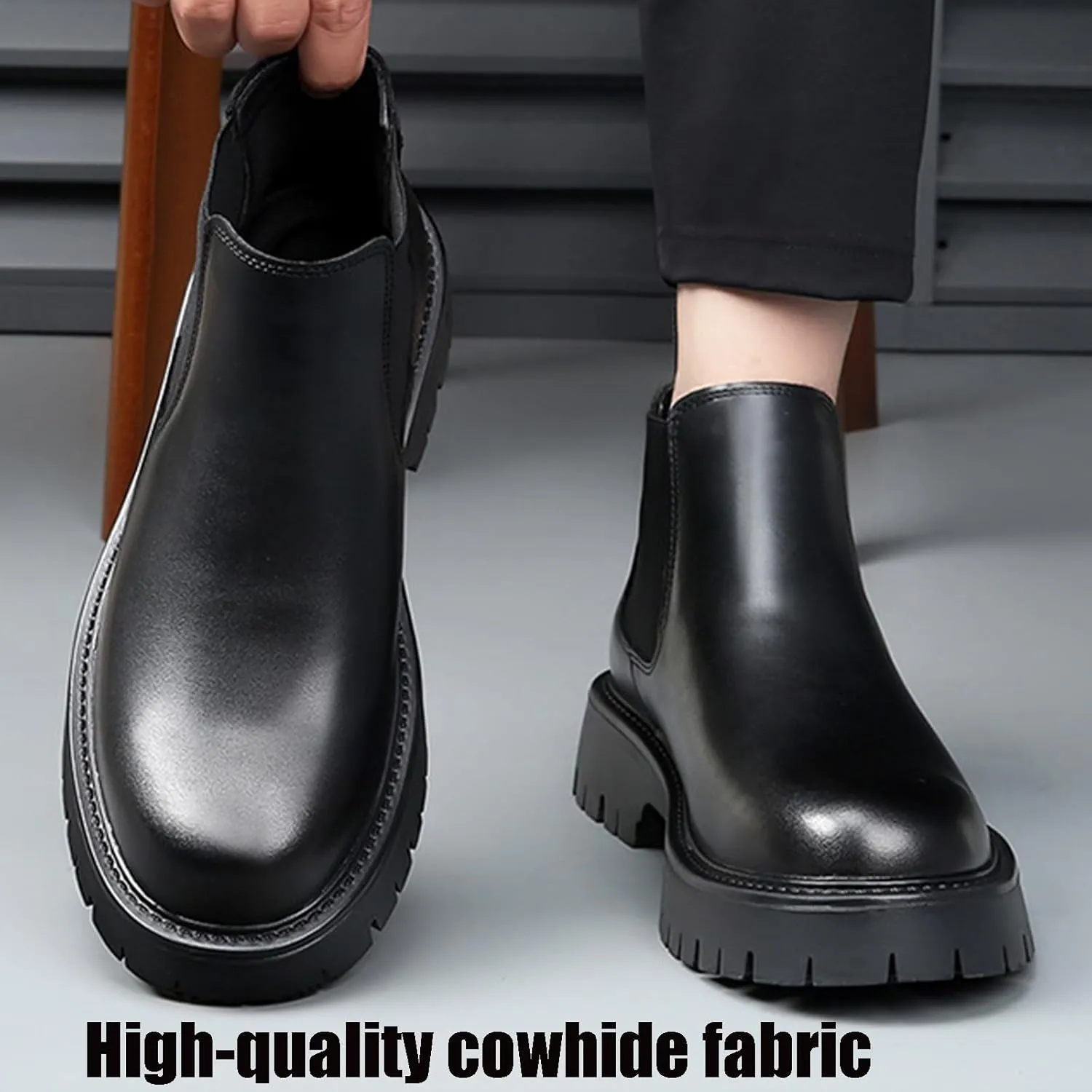 Men's Genuine Leather Slip On Chunky Platform Chelsea Boots Luxury Round Toe Lug Sole Work Dress Boots Casual Non Slip Ankle Boots