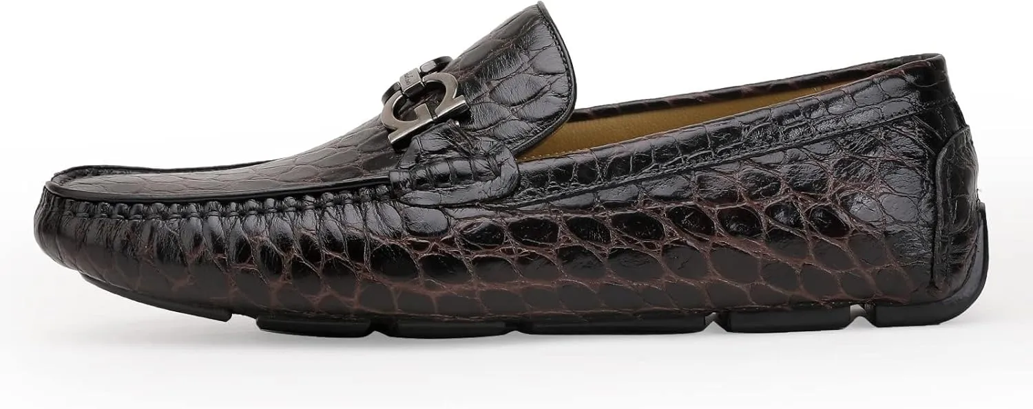 Men's Leather Driving Moccasin, Crocodile Printed Slip on Dress Shoes with Buckle Party Wedding Shoes Slip-on Loafers for Mens