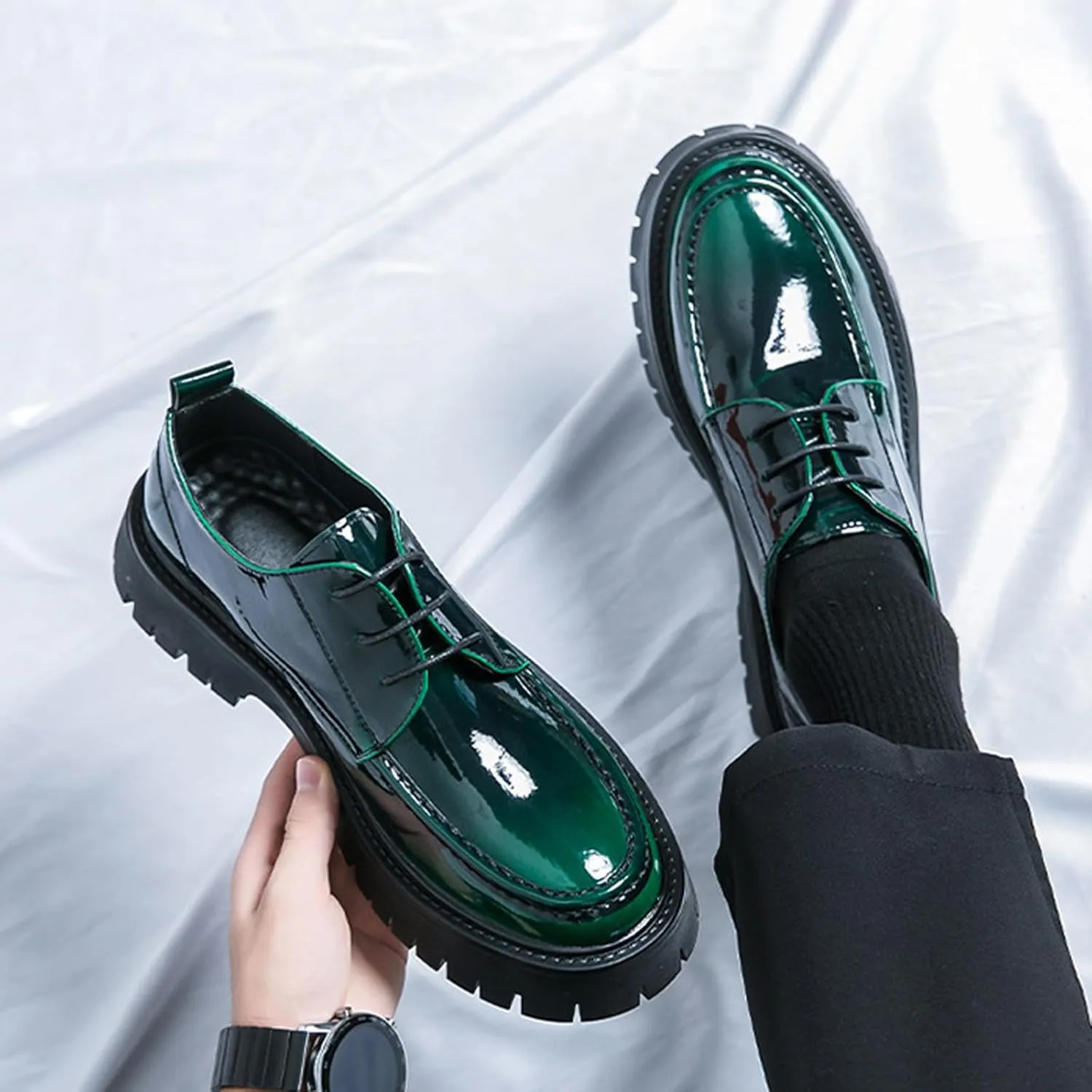 Men's Leather Platform Lace Up Lug Sole Loafers,Classic Round Toe Chunky Heel Comfort Slip On Dress Shoes Casual Formal Work Penny Shoes