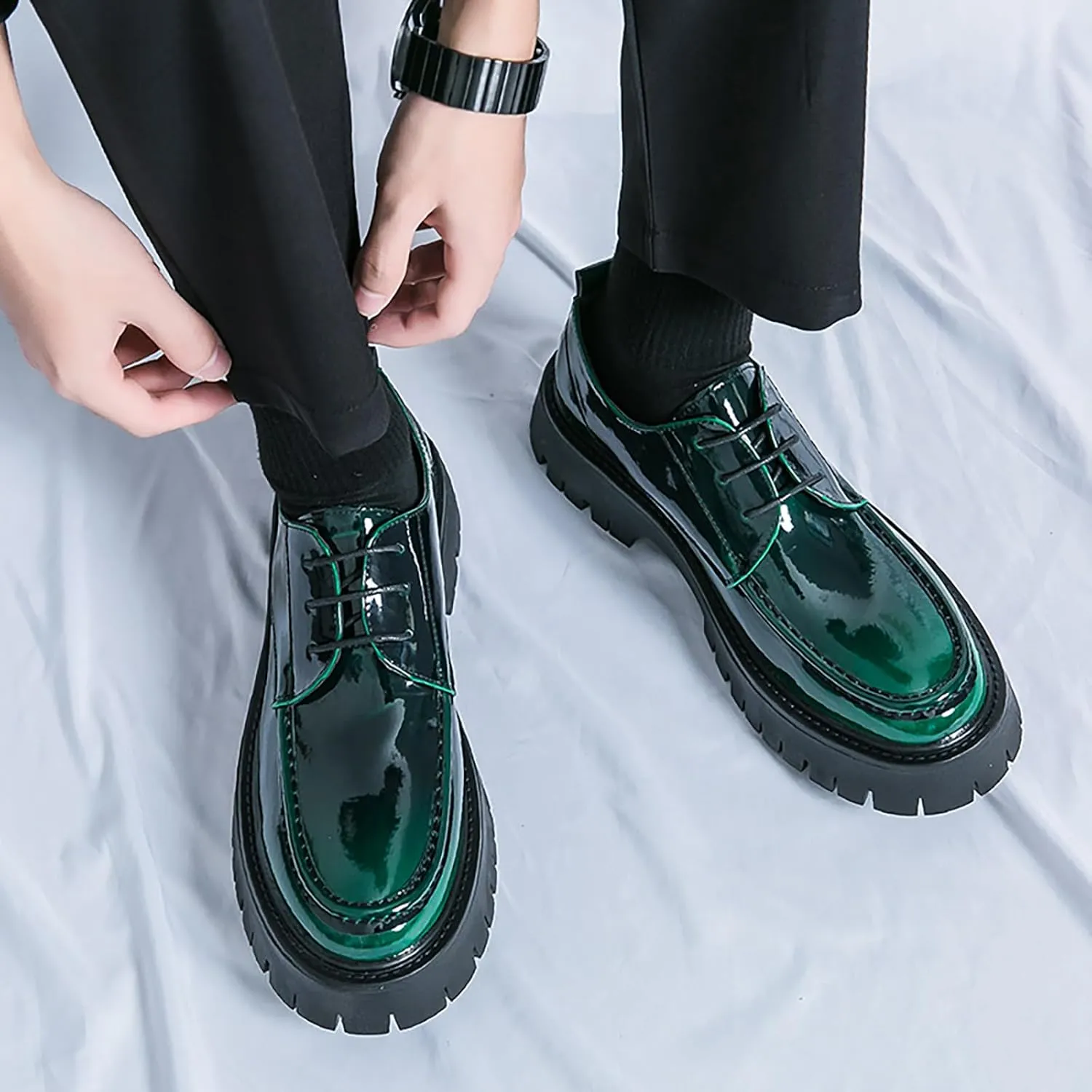Men's Leather Platform Lace Up Lug Sole Loafers,Classic Round Toe Chunky Heel Comfort Slip On Dress Shoes Casual Formal Work Penny Shoes