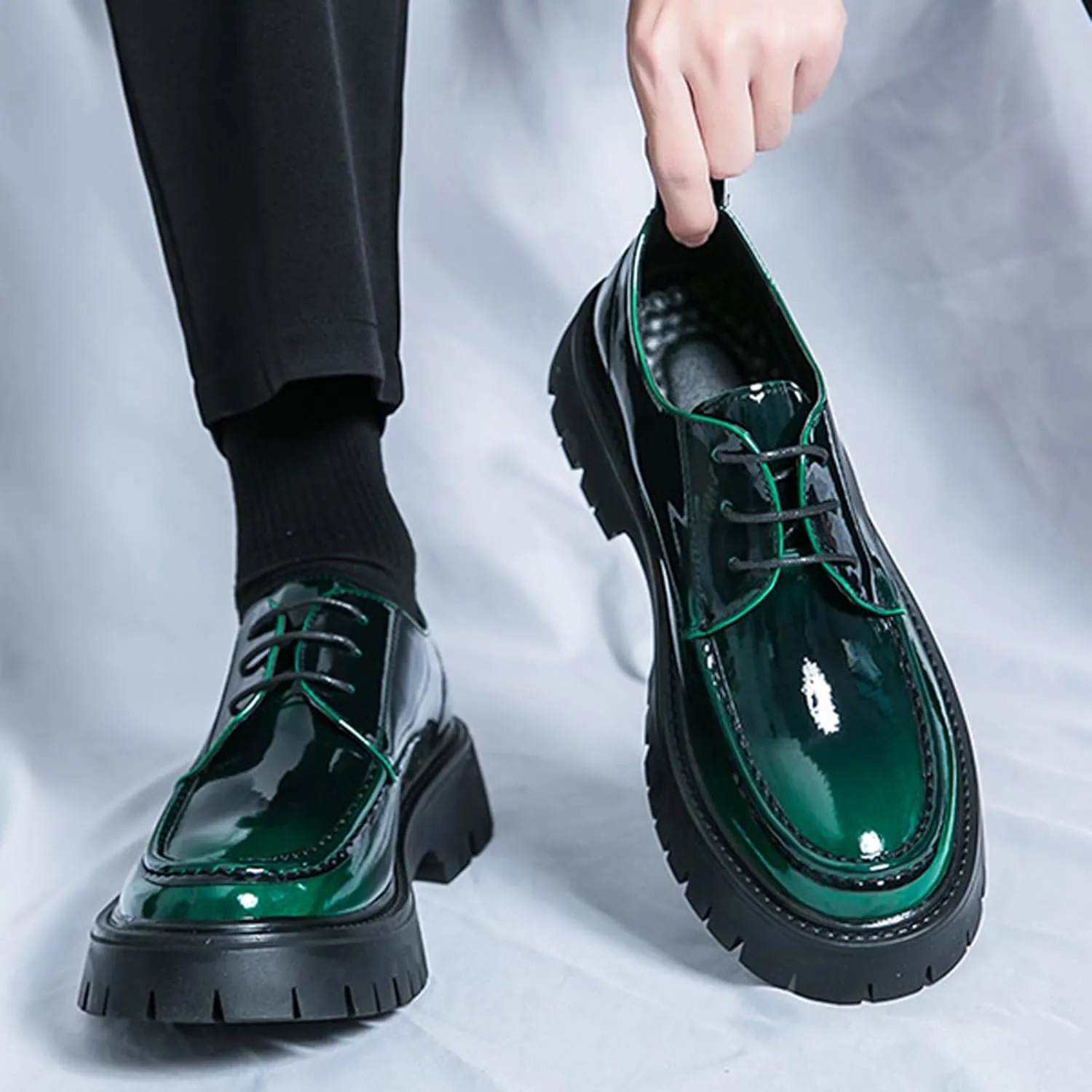 Men's Leather Platform Lace Up Lug Sole Loafers,Classic Round Toe Chunky Heel Comfort Slip On Dress Shoes Casual Formal Work Penny Shoes