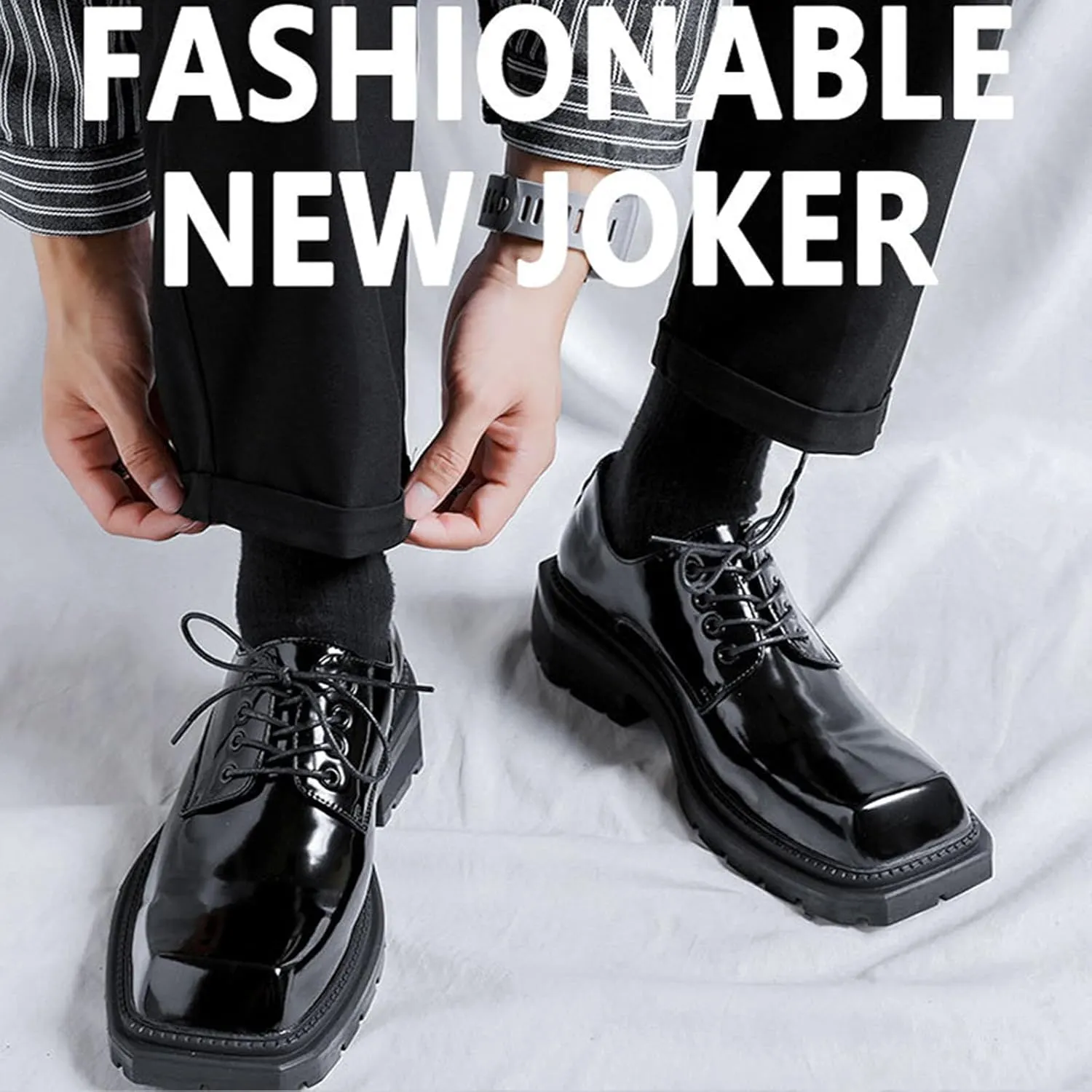 Men's Leather Platform Oxfords Fashion Square Toe Lace Up Lug Sole Business Office Dress Shoes Casual Non-Slip Low Block Heel Work Shoes