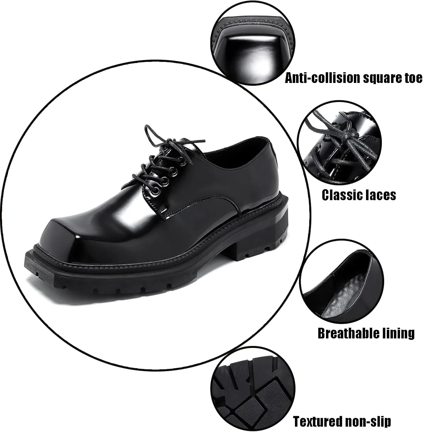 Men's Leather Platform Oxfords Fashion Square Toe Lace Up Lug Sole Business Office Dress Shoes Casual Non-Slip Low Block Heel Work Shoes