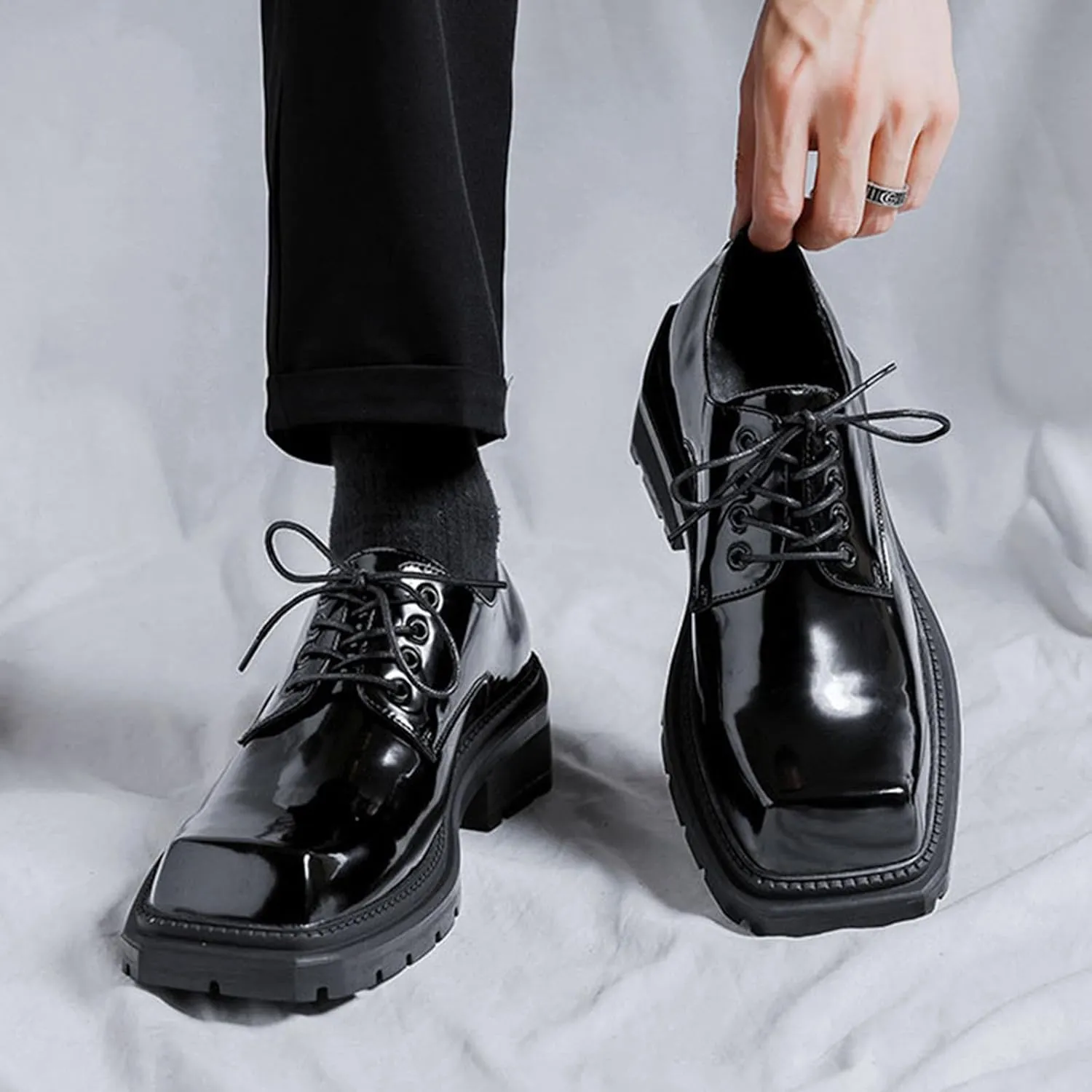 Men's Leather Platform Oxfords Fashion Square Toe Lace Up Lug Sole Business Office Dress Shoes Casual Non-Slip Low Block Heel Work Shoes