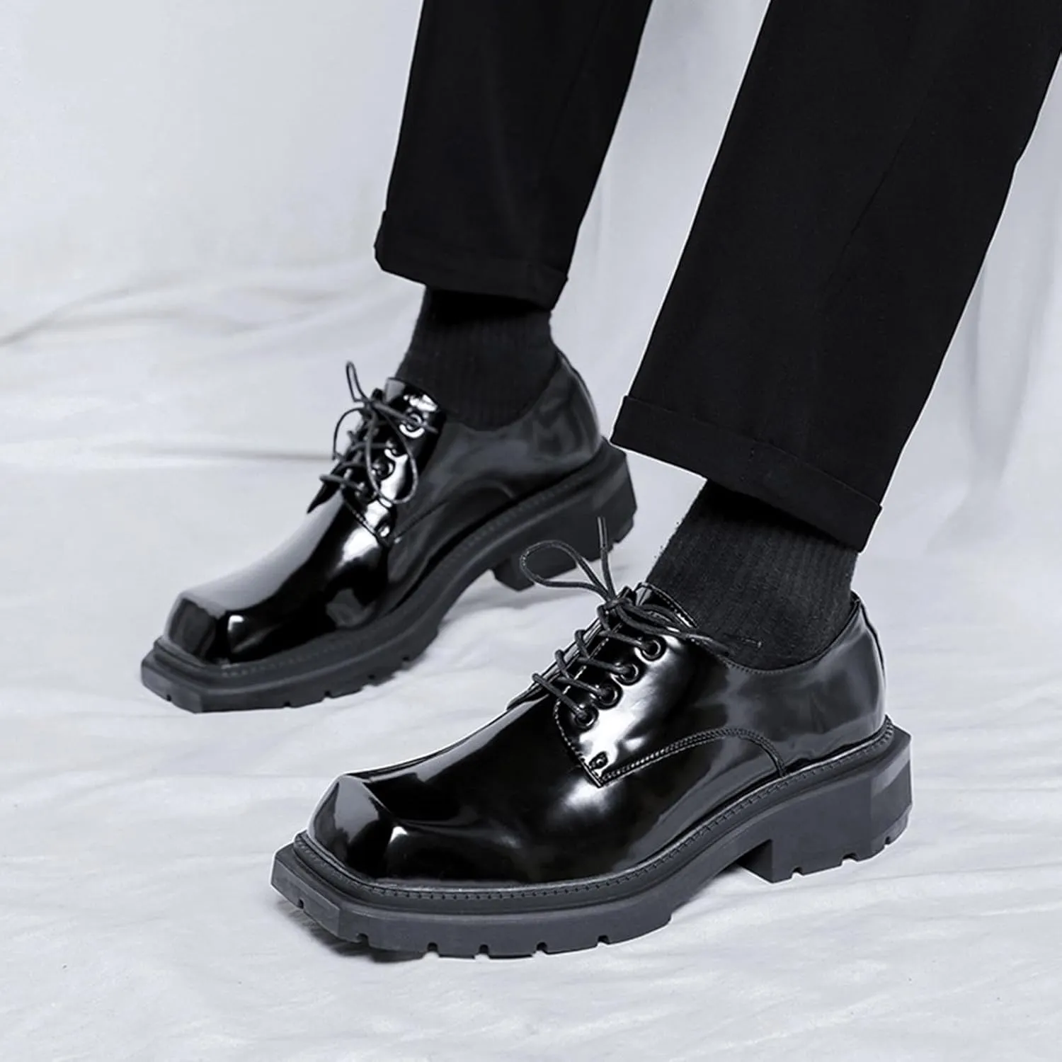 Men's Leather Platform Oxfords Fashion Square Toe Lace Up Lug Sole Business Office Dress Shoes Casual Non-Slip Low Block Heel Work Shoes