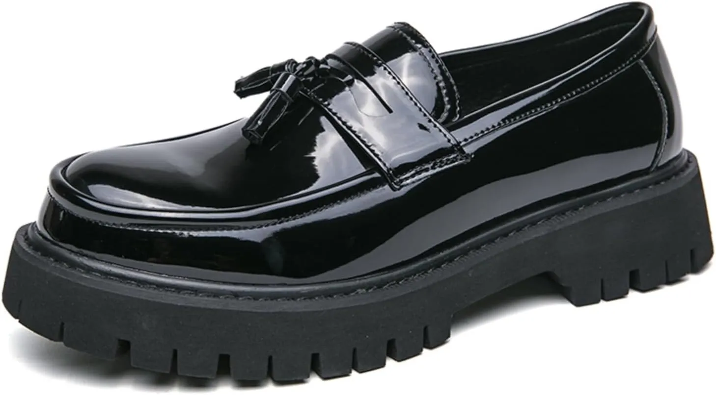 Mens Leather Slip-On Platform Dress Tassels Loafers Non-Slip Low Top Round Toe Chunky Penny Shoes for Business Casual Dress Prom Party