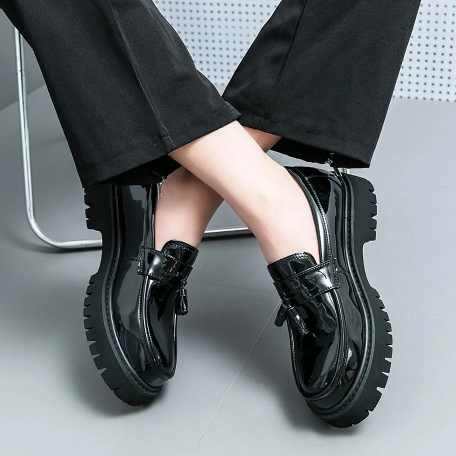 Mens Leather Slip-On Platform Dress Tassels Loafers Non-Slip Low Top Round Toe Chunky Penny Shoes for Business Casual Dress Prom Party