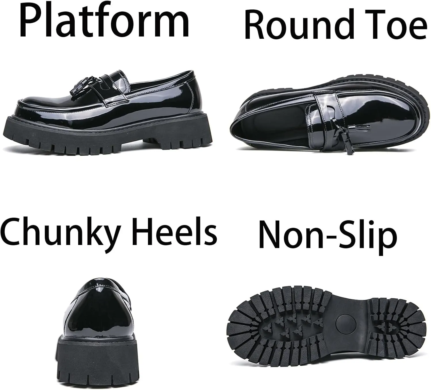 Mens Leather Slip-On Platform Dress Tassels Loafers Non-Slip Low Top Round Toe Chunky Penny Shoes for Business Casual Dress Prom Party