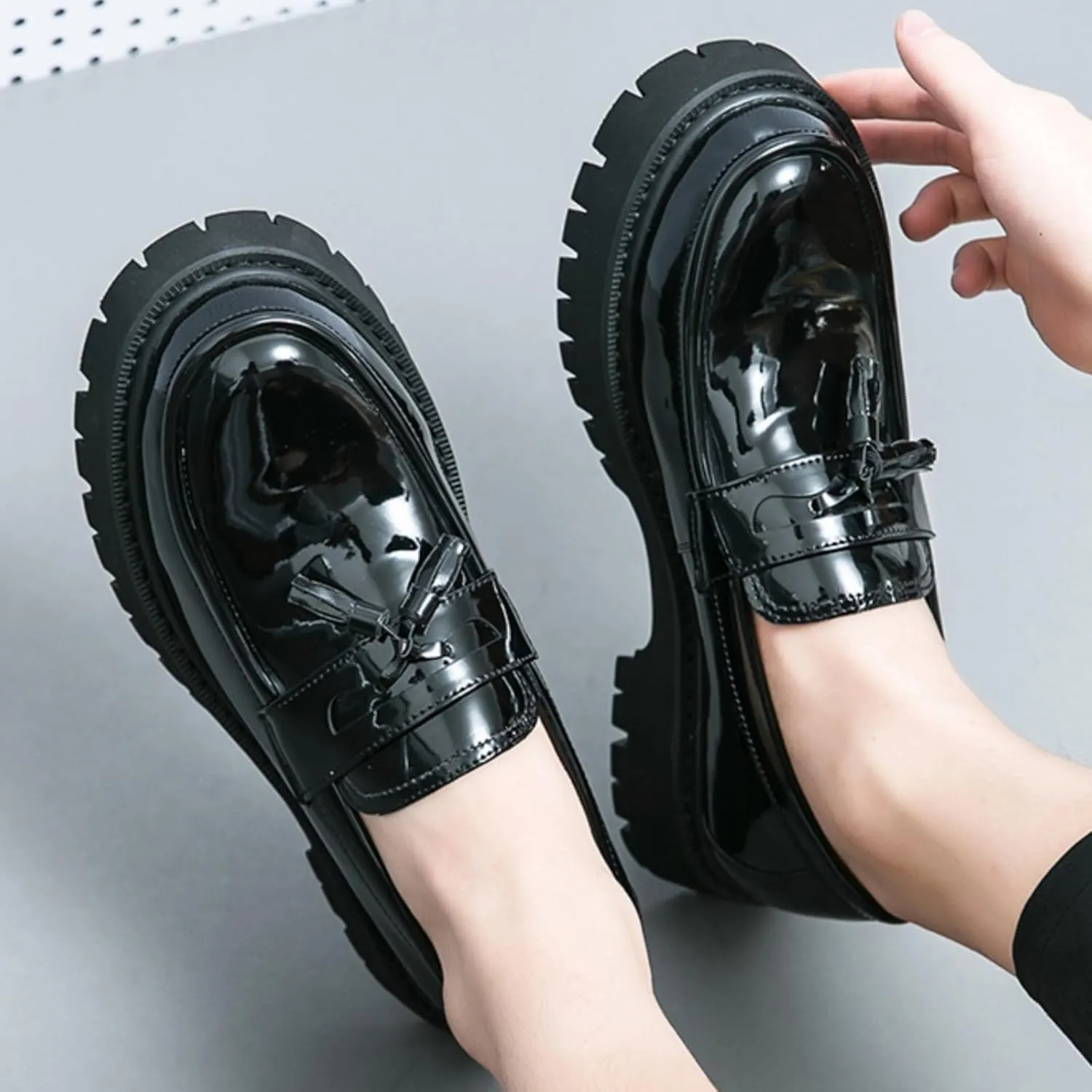 Mens Leather Slip-On Platform Dress Tassels Loafers Non-Slip Low Top Round Toe Chunky Penny Shoes for Business Casual Dress Prom Party