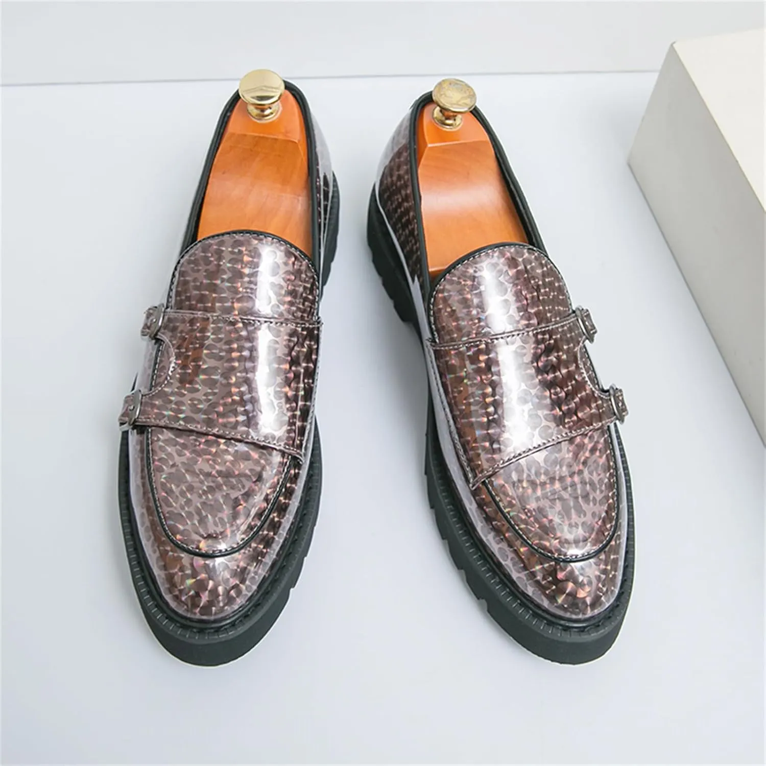 Mens Patent Leather Platform Slip On Loafers with Double Monk Strap Fashion Lug Sole Dress Shoes for Formal Business Party Wedding