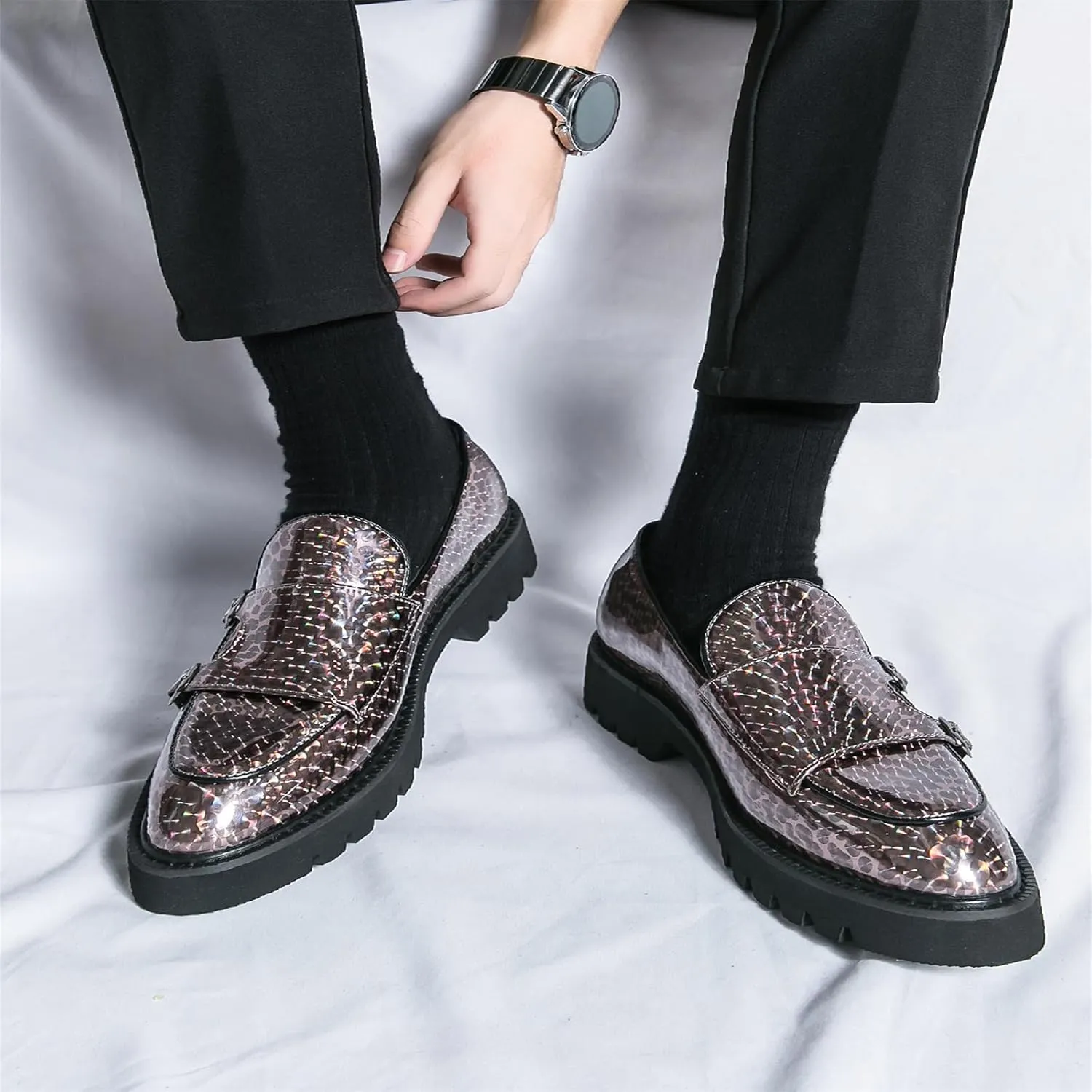 Mens Patent Leather Platform Slip On Loafers with Double Monk Strap Fashion Lug Sole Dress Shoes for Formal Business Party Wedding