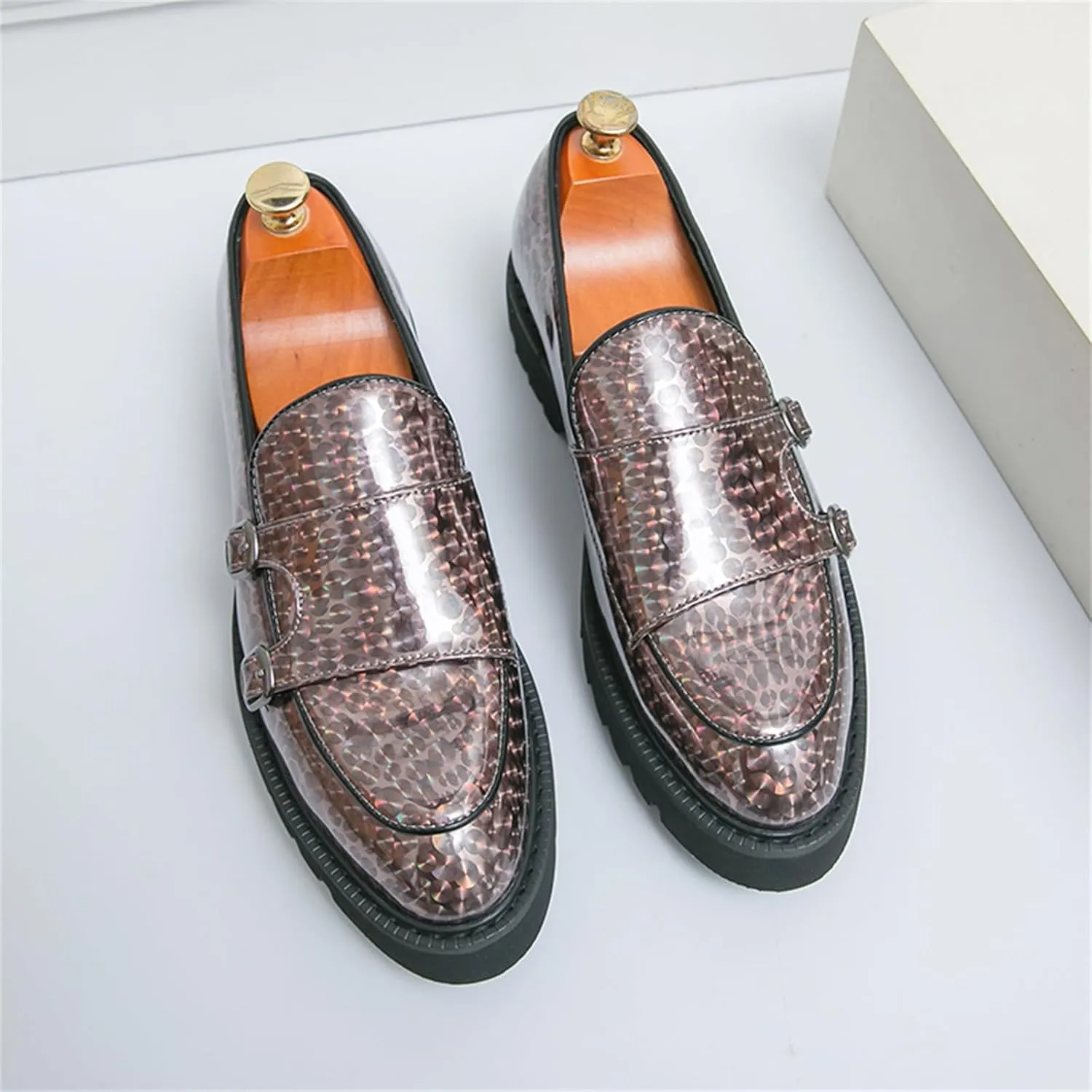 Mens Patent Leather Platform Slip On Loafers with Double Monk Strap Fashion Lug Sole Dress Shoes for Formal Business Party Wedding