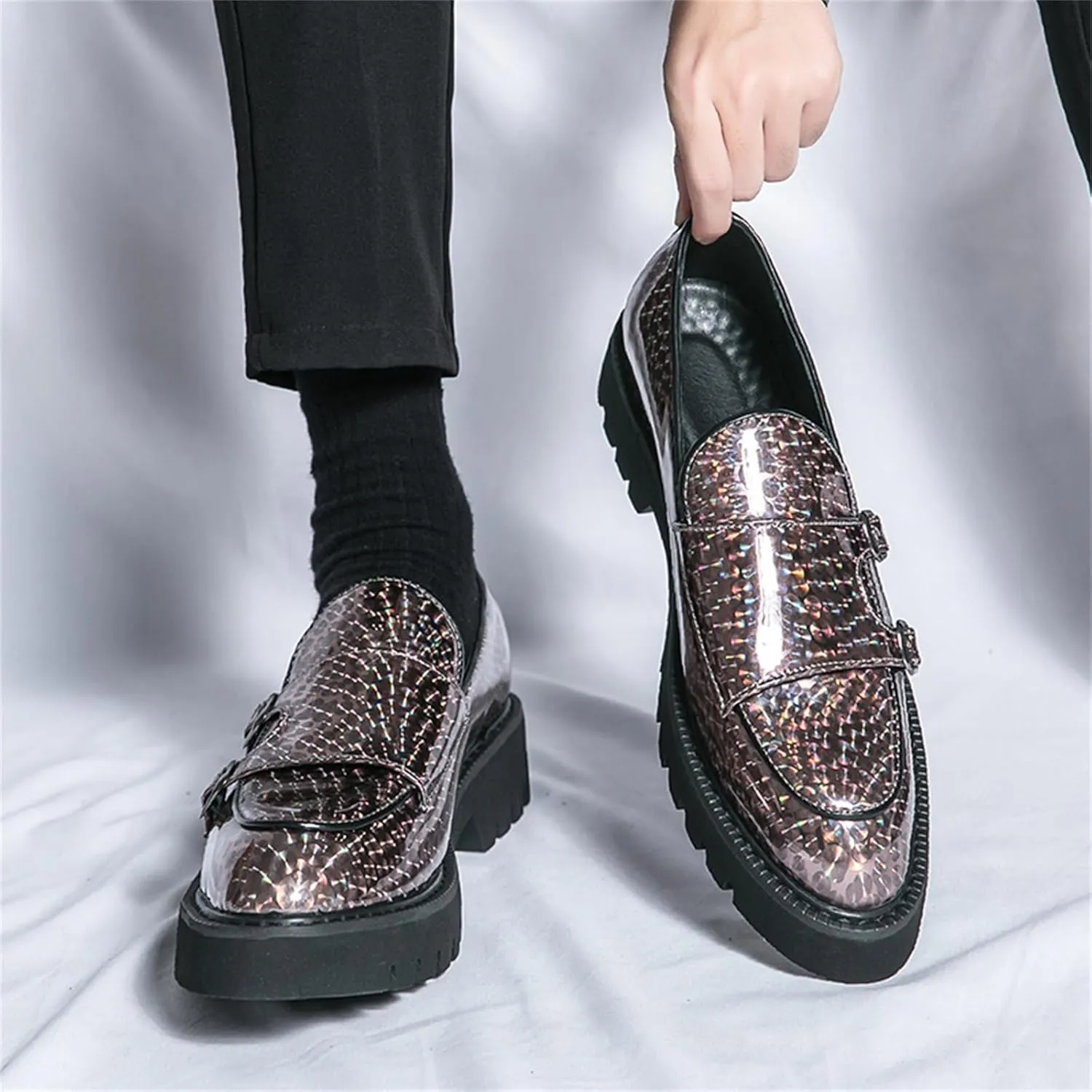 Mens Patent Leather Platform Slip On Loafers with Double Monk Strap Fashion Lug Sole Dress Shoes for Formal Business Party Wedding