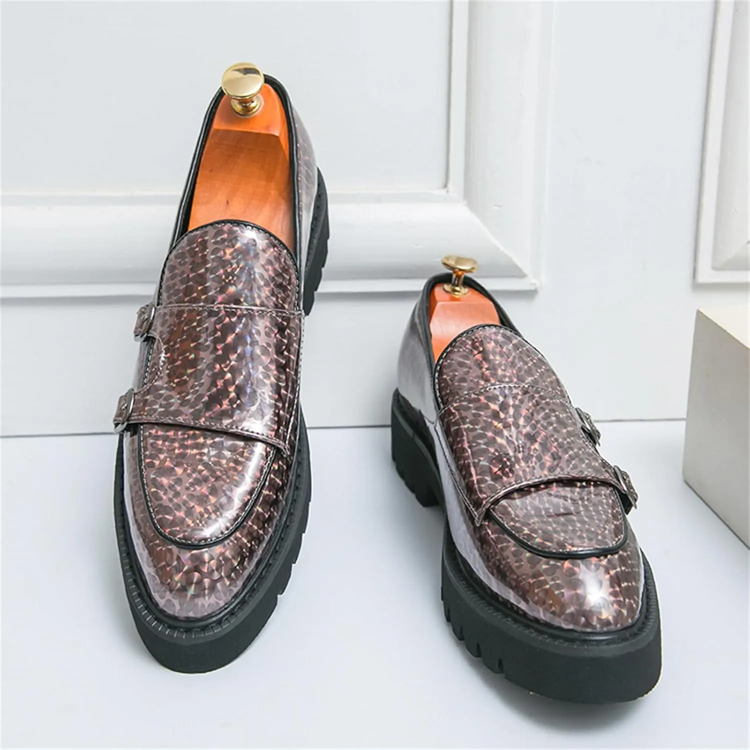 Mens Patent Leather Platform Slip On Loafers with Double Monk Strap Fashion Lug Sole Dress Shoes for Formal Business Party Wedding