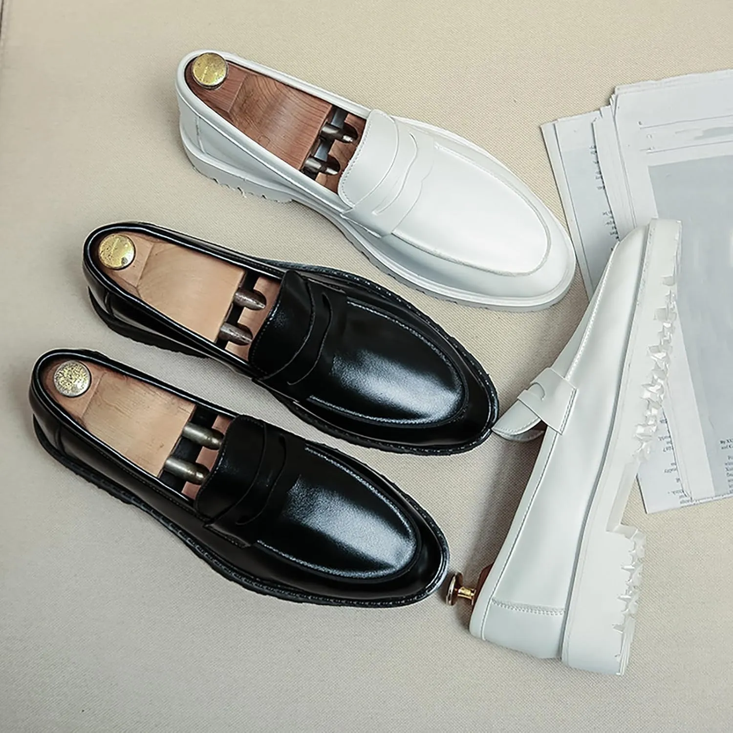Men's Slip on Lug Sole Casual Loafers,Fashion Round Toe Platform Anti-Slip Comfort Dress Shoes Retro Business Formal Leather Penny Loafers for Men