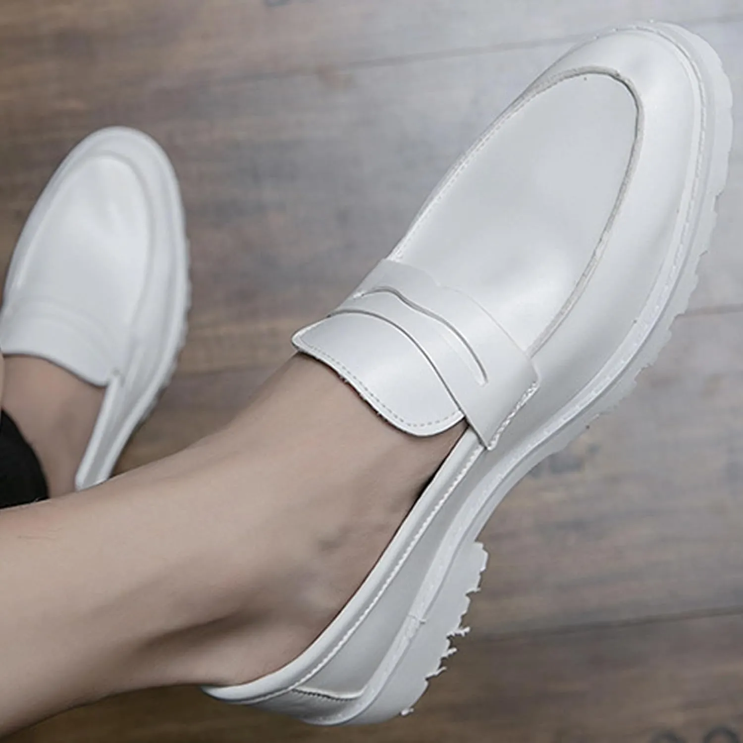 Men's Slip on Lug Sole Casual Loafers,Fashion Round Toe Platform Anti-Slip Comfort Dress Shoes Retro Business Formal Leather Penny Loafers for Men