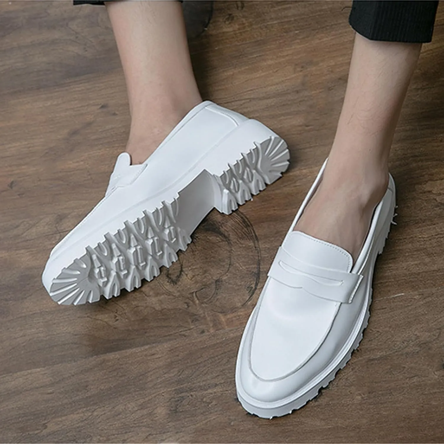 Men's Slip on Lug Sole Casual Loafers,Fashion Round Toe Platform Anti-Slip Comfort Dress Shoes Retro Business Formal Leather Penny Loafers for Men