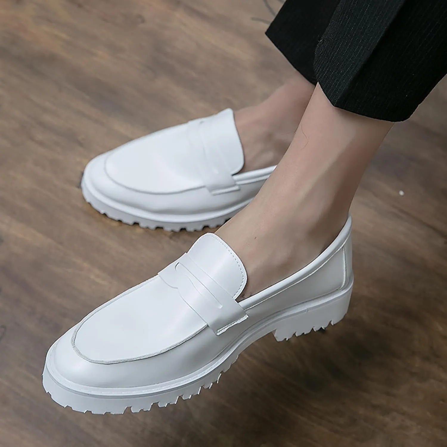 Men's Slip on Lug Sole Casual Loafers,Fashion Round Toe Platform Anti-Slip Comfort Dress Shoes Retro Business Formal Leather Penny Loafers for Men