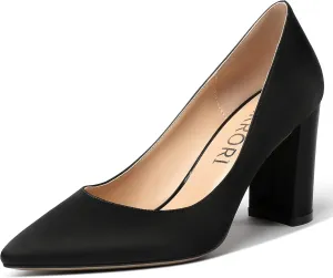 MERRORI Women's Dress Satin Pointed Toe Slip On Elegant Evening Chunky High Heel Pumps Shoes 3.3 Inch
