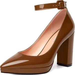 MERRORI Womens Platform Evening Dress Buckle Solid Patent Pointed Toe Ankle Strap Chunky High Heel Pumps Shoes 4 Inch