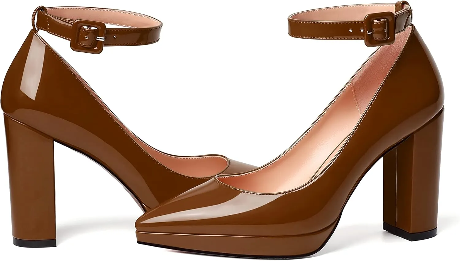 MERRORI Womens Platform Evening Dress Buckle Solid Patent Pointed Toe Ankle Strap Chunky High Heel Pumps Shoes 4 Inch