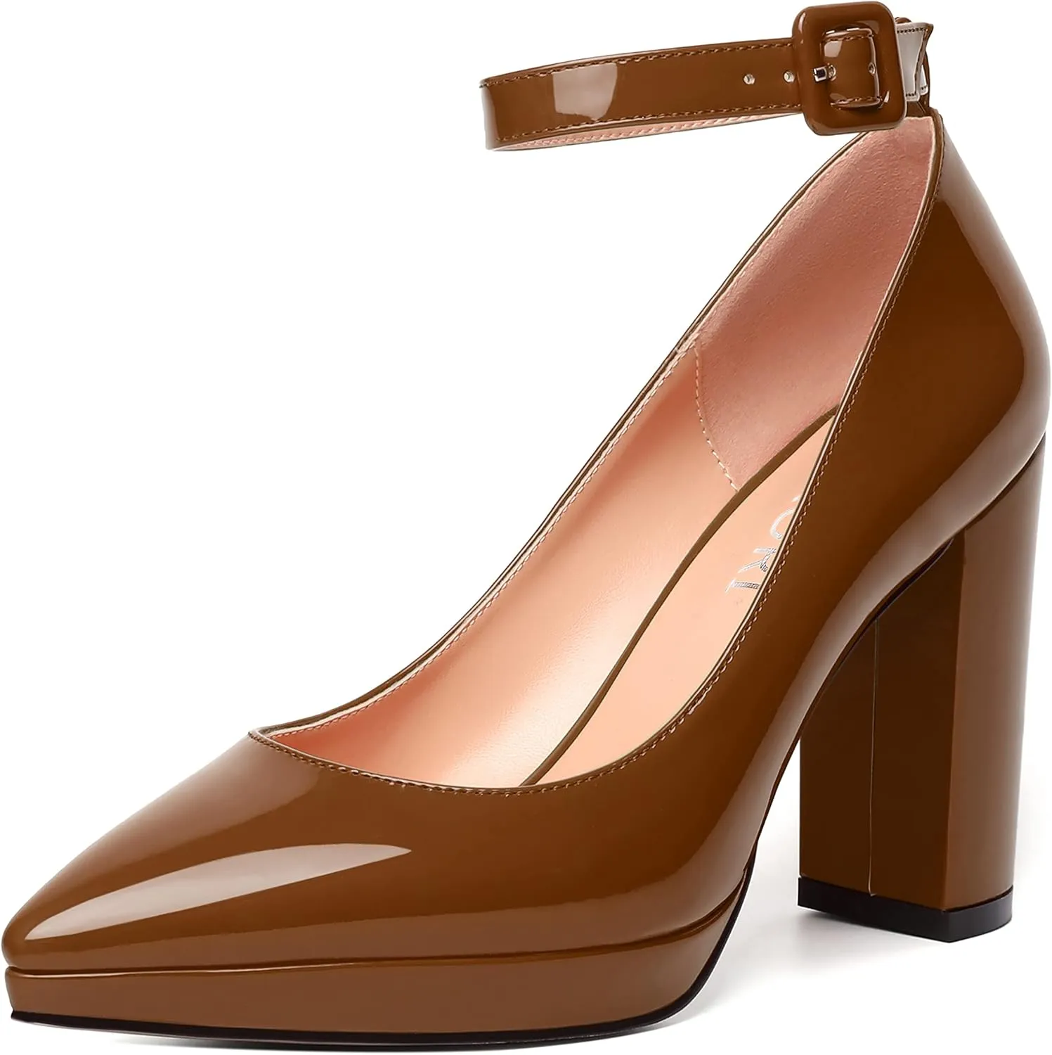 MERRORI Womens Platform Evening Dress Buckle Solid Patent Pointed Toe Ankle Strap Chunky High Heel Pumps Shoes 4 Inch