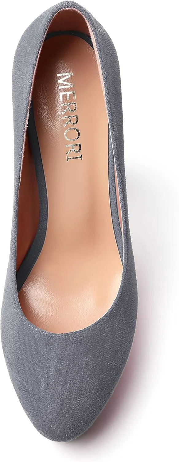 MERRORI Womens Round Toe Platform Party Suede Slip On Sexy Solid Chunky Super Super High Heel Pumps Shoes 5 Inch