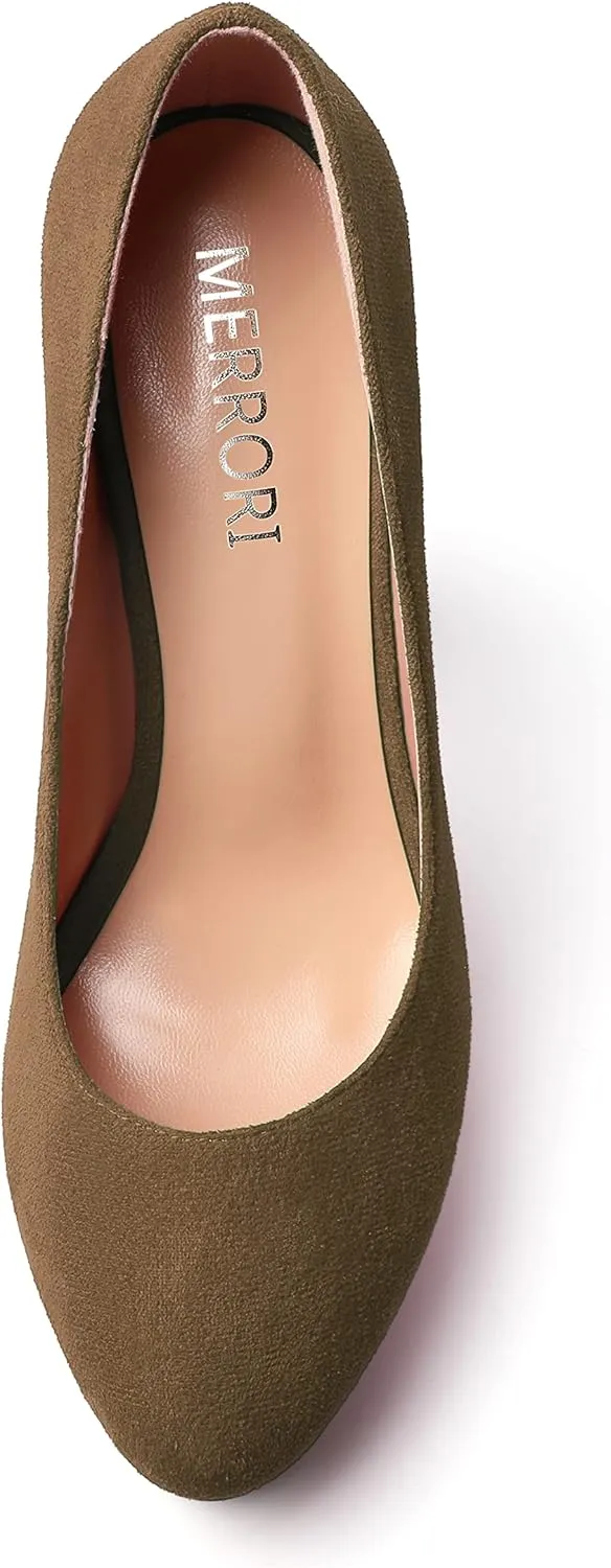 MERRORI Womens Round Toe Platform Party Suede Slip On Sexy Solid Chunky Super Super High Heel Pumps Shoes 5 Inch