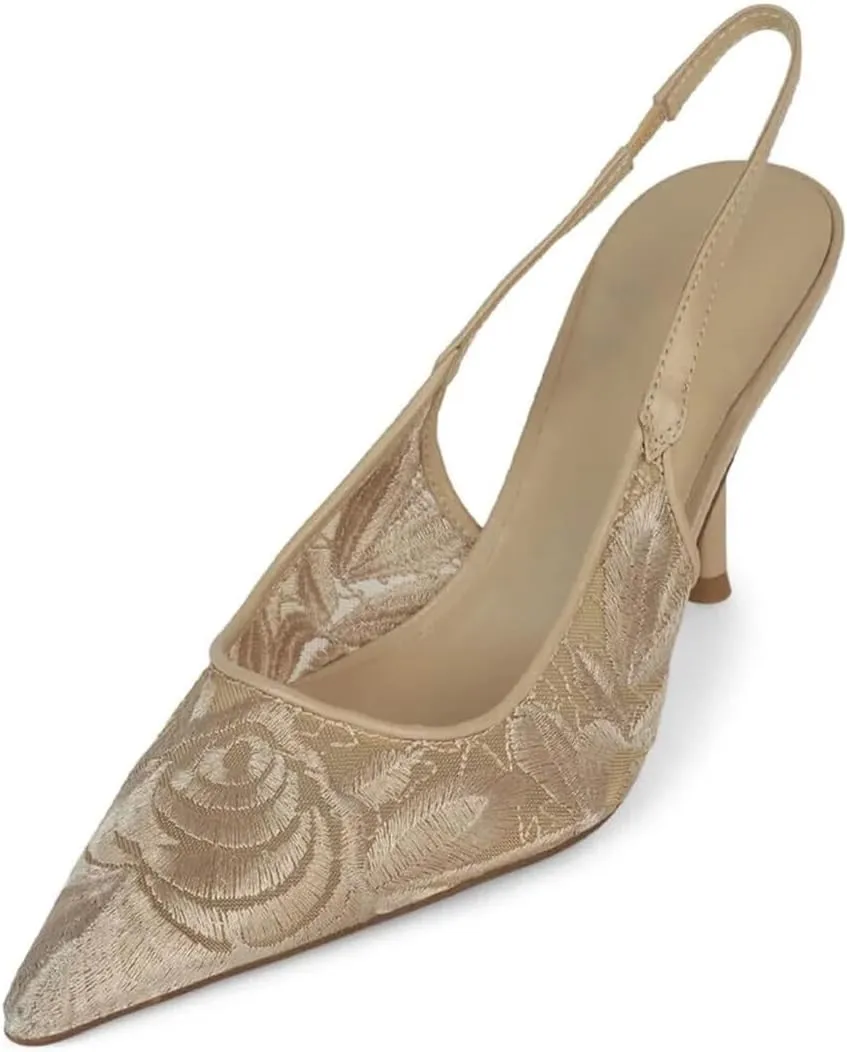 Mesh Slingback Heels for Women Elegant Pointed Toe with Stiletto Heel and Embroidery Breathable Fashionable Dress Shoes