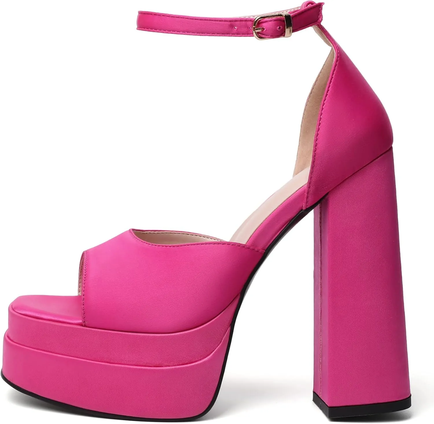 Mettesally Women's Platform High Heels Square Open Toe Chunky Block Heel Pumps Ankle Strap Buckle Silk Satin Party Dress Shoes