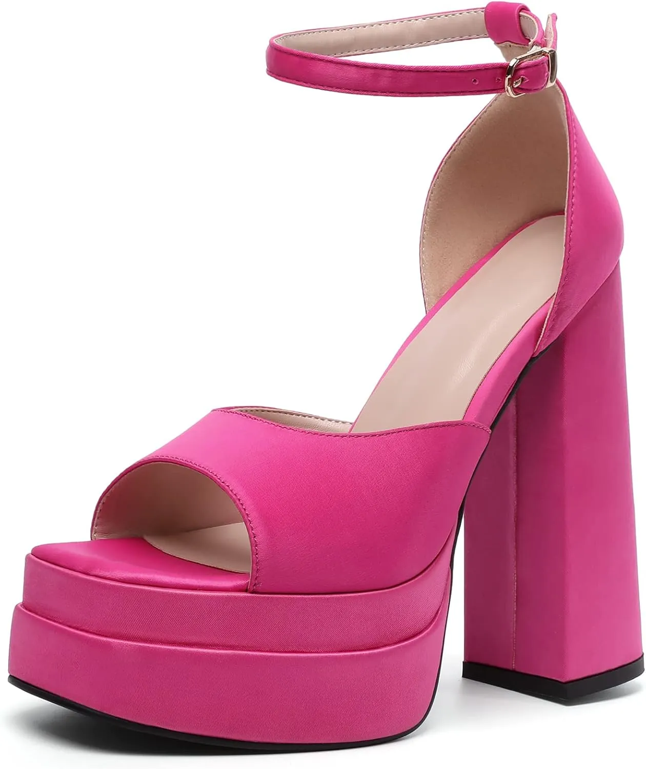 Mettesally Women's Platform High Heels Square Open Toe Chunky Block Heel Pumps Ankle Strap Buckle Silk Satin Party Dress Shoes