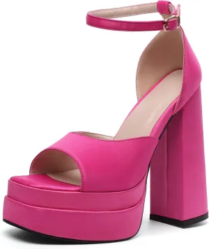 Mettesally Women's Platform High Heels Square Open Toe Chunky Block Heel Pumps Ankle Strap Buckle Silk Satin Party Dress Shoes