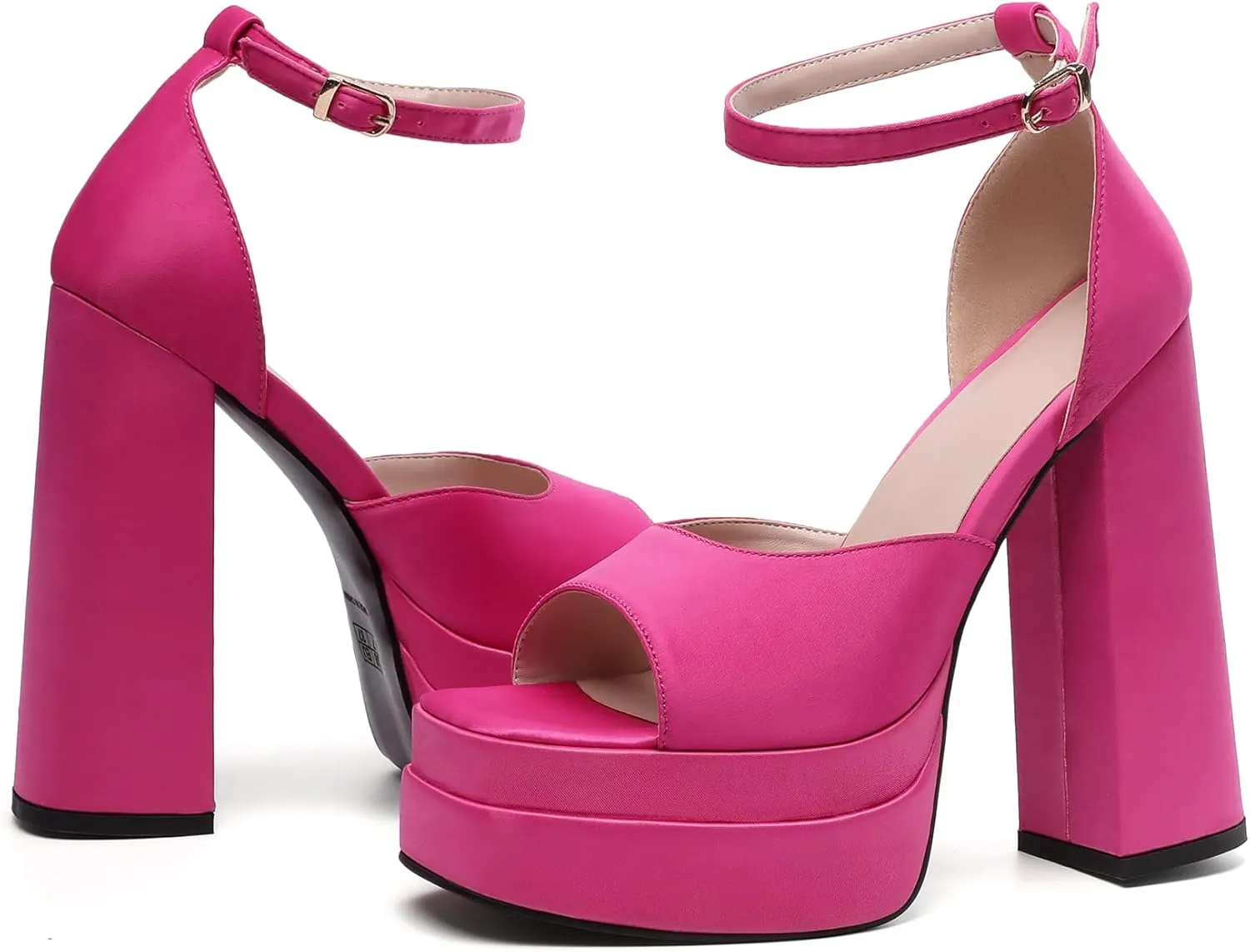 Mettesally Women's Platform High Heels Square Open Toe Chunky Block Heel Pumps Ankle Strap Buckle Silk Satin Party Dress Shoes